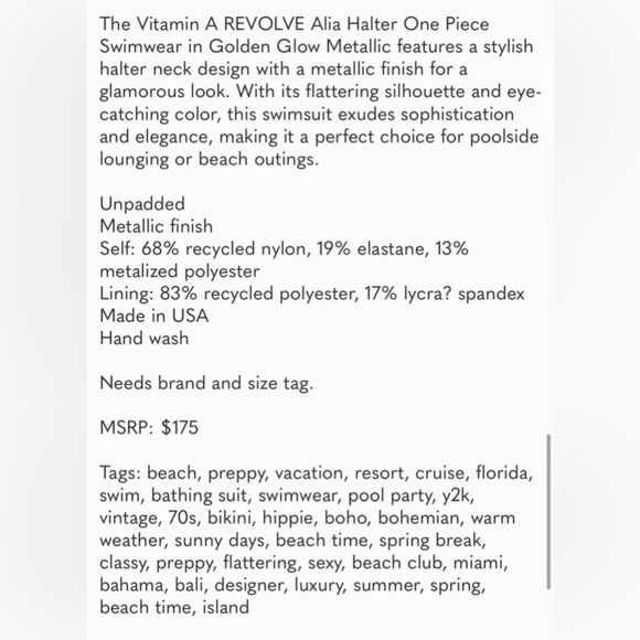 New Vitamin A by Amahila Stevens Leah High Cut Leg Swimsuit Bronze Metallic Gold - Picture 10 of 11